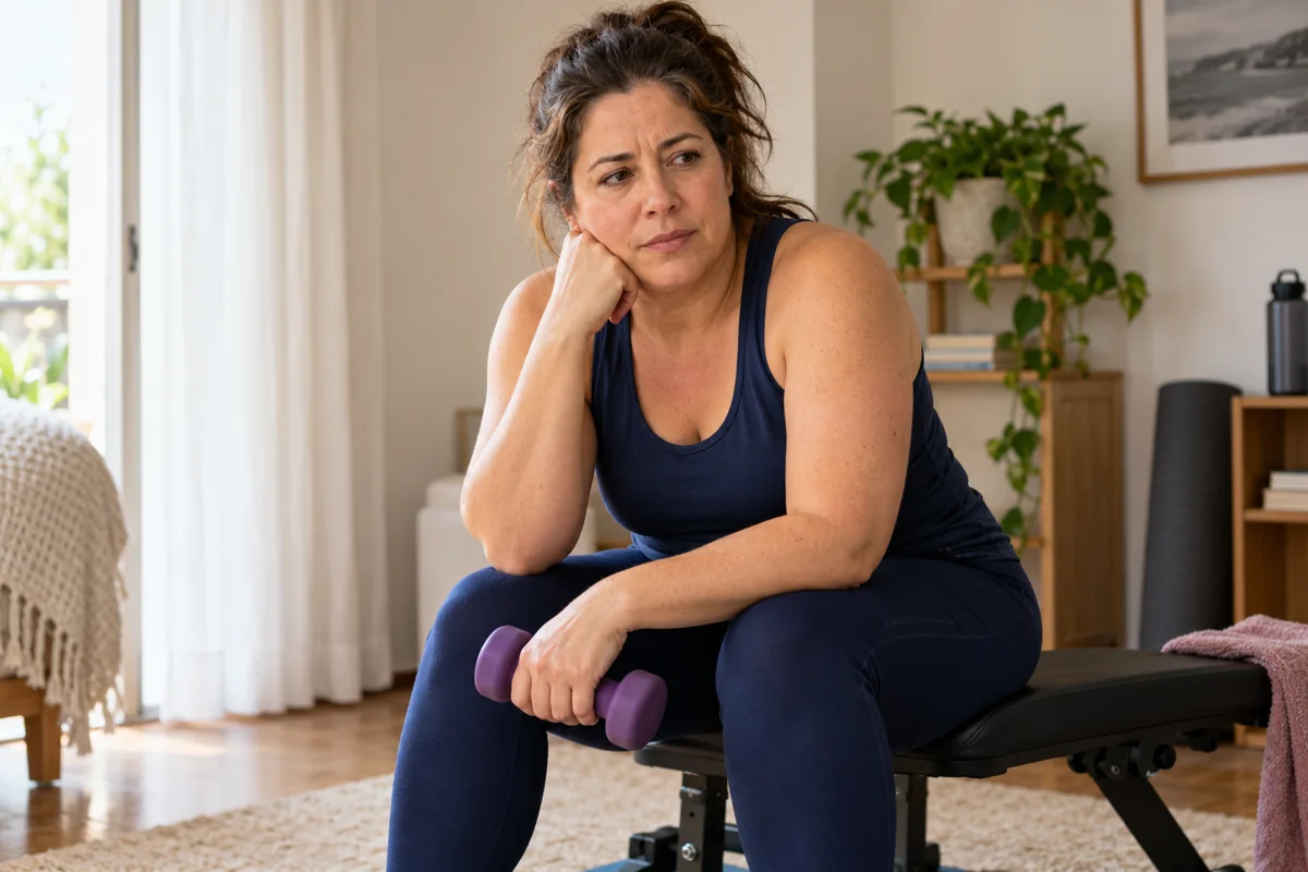 Imagem ilustrativa de mulher adulta preocupada com a força e o condicionamento físico